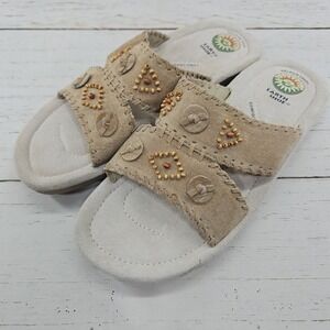 Earth Shoe Conway Slide Sandals Womens 10.5‎ Tan Suede Beaded Whipstitch Boho